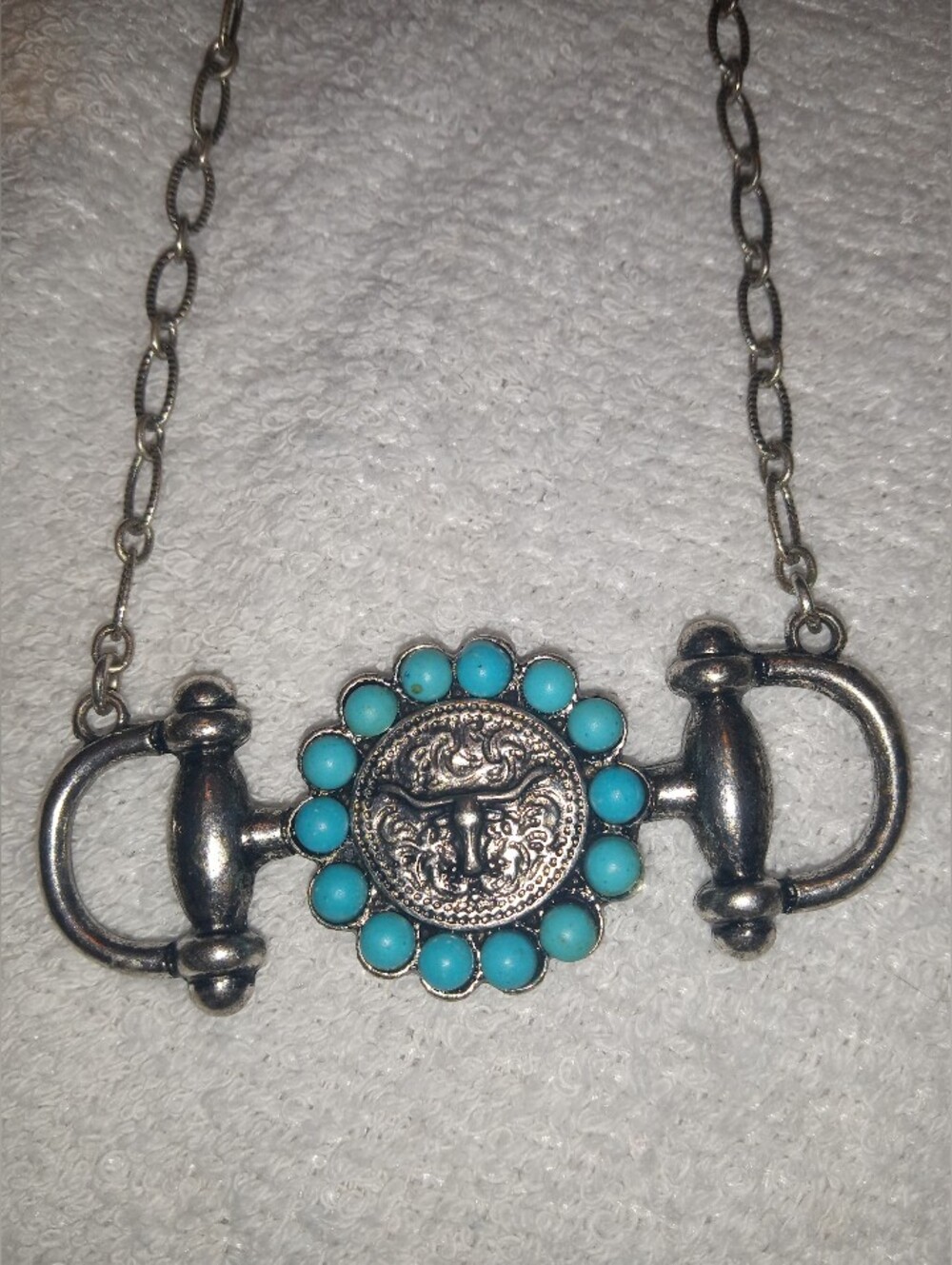 Turquoise Stone Silver-Tone Floral/Bit Medallion Necklace